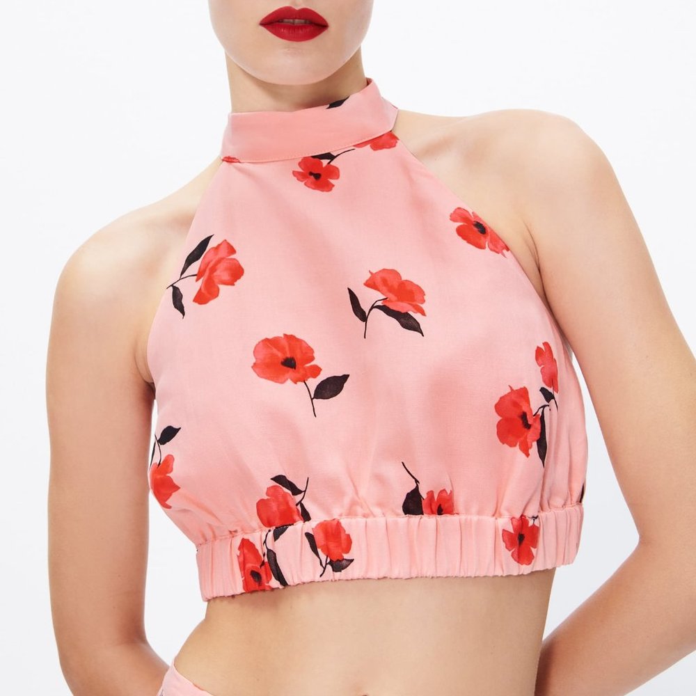 NEW $45 ZARA Pink Floral Linen Blend Backless Halter Crop Top Size Medium